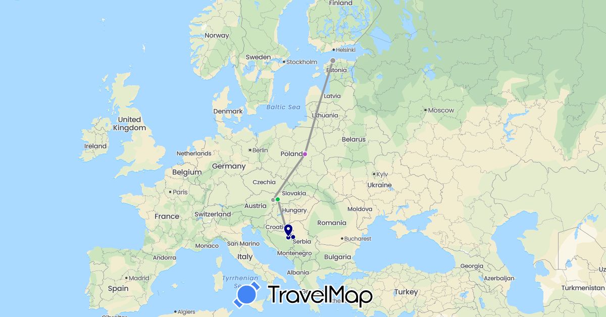 TravelMap itinerary: driving, bus, plane, train in Austria, Bosnia and Herzegovina, Estonia, Croatia, Poland, Serbia, Slovakia (Europe)